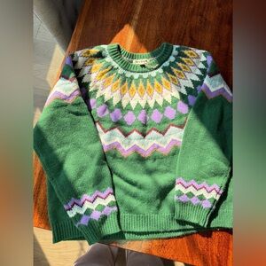Boden Green Fair Isle Wool Sweater with Purple, Yellow & Pink Accents